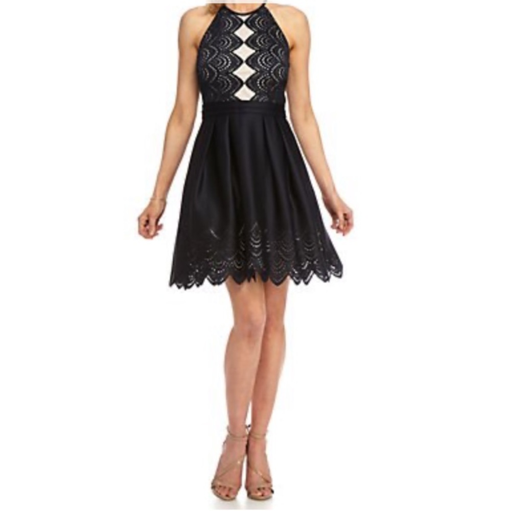 XSCAPE Laser Cut Halter Blue Party/cocktail Dress